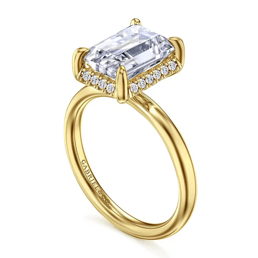 14K Yellow Gold Emerald Cut Hidden Halo Diamond Engagement Ring