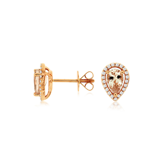 14K Rose Gold Morganite and Diamond Halo Stud Earrings
