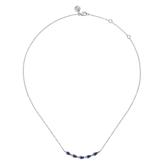 14K White Gold Diamond and Pear Sapphire Bar Necklace