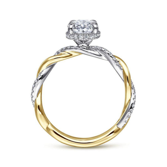 14K Two Tone Twisted Pave Oval Diamond Engagement Ring