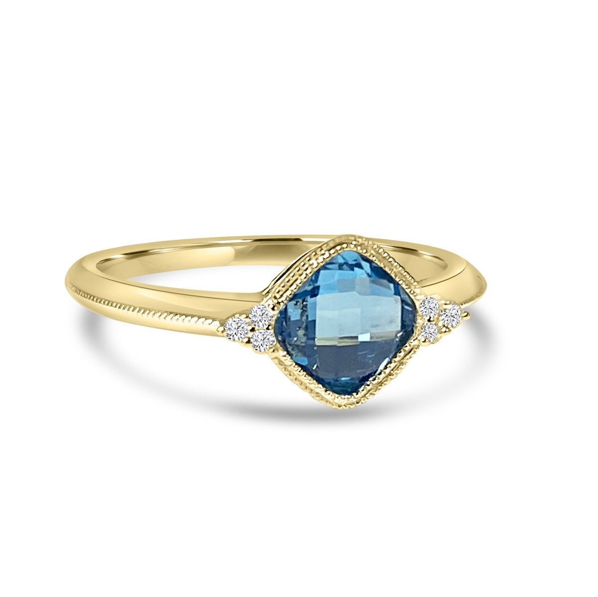 14K Yellow Gold Bezel Set Cushion Blue Topaz Ring