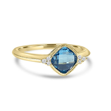 14K Yellow Gold Bezel Set Cushion Blue Topaz Ring