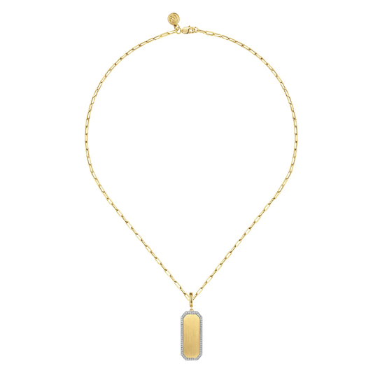 14K Yellow Gold Diamond Personalized Medallion Necklace with Hollow Paperclip Chain