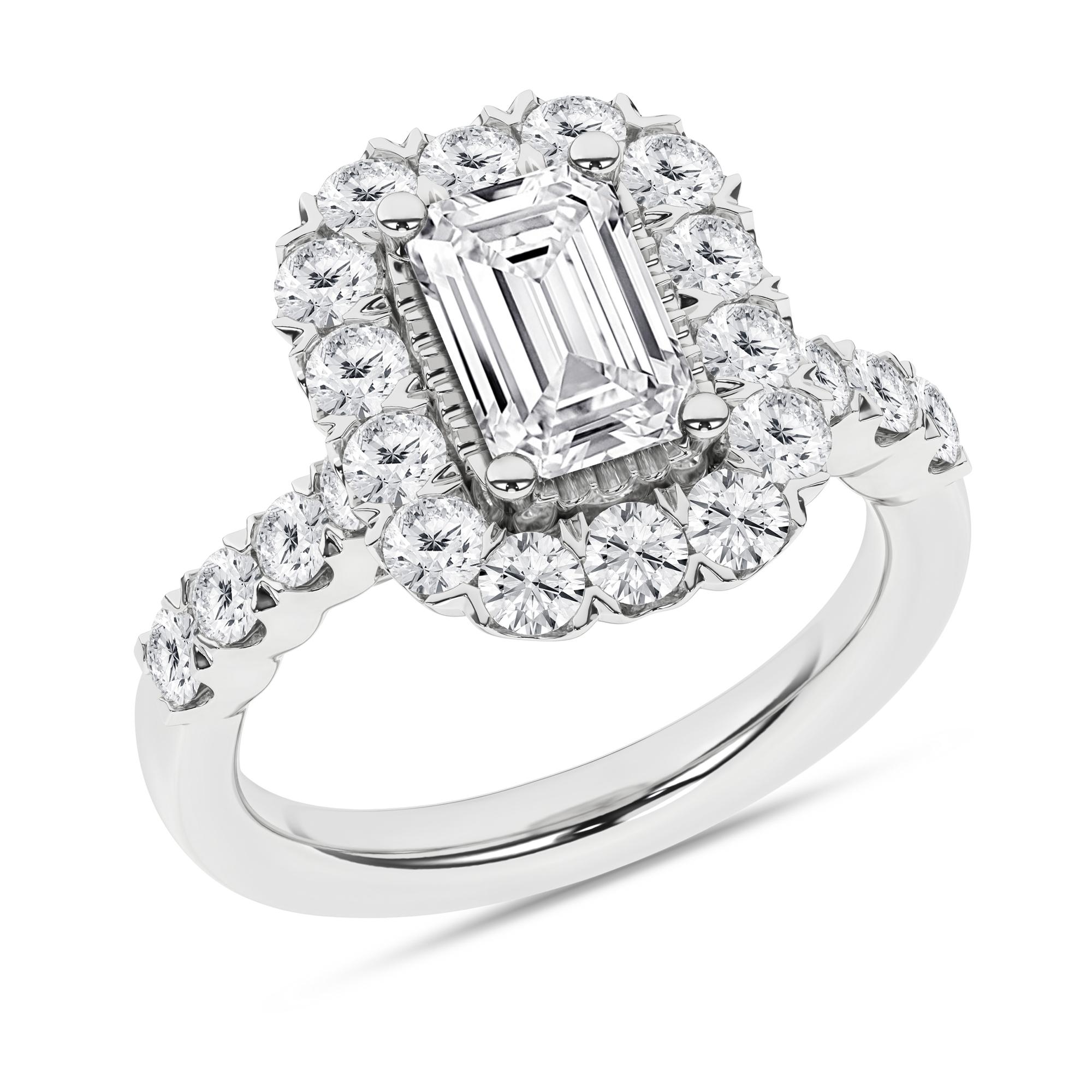 14K White Gold Lab Grown 3.60ctw Emerald Diamond Halo Engagement Ring