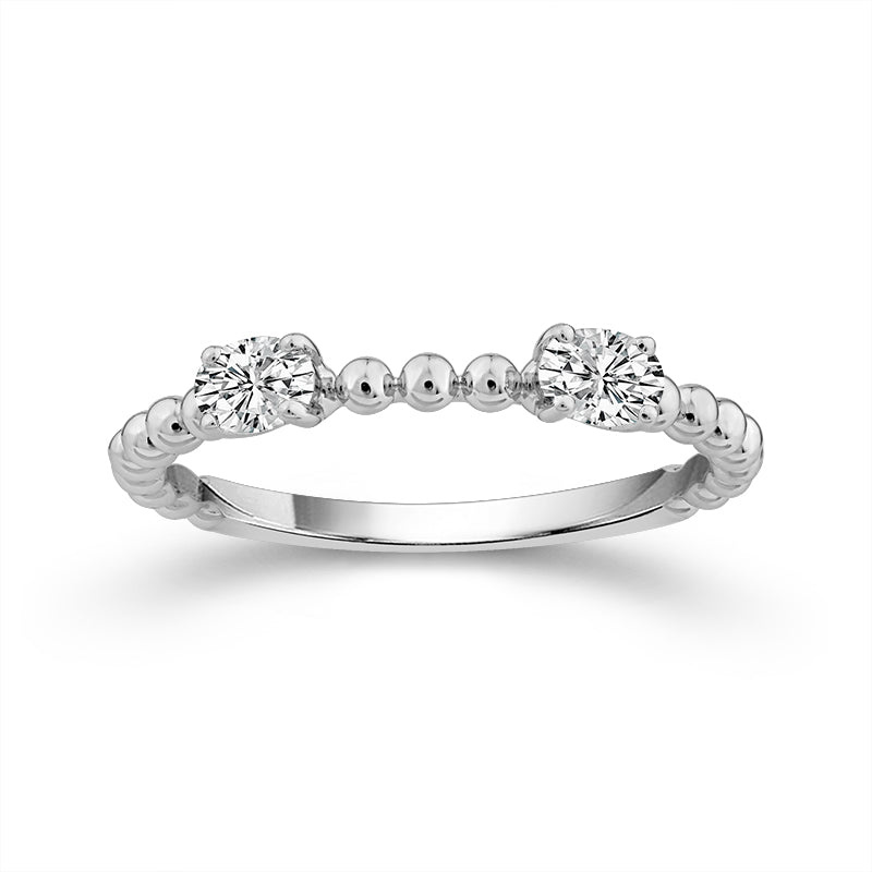14K White Gold Round Diamond Stations Beaded Stackable Ring