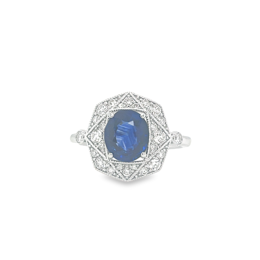 14K White Gold Sapphire and Diamond Vintage Inspired Ring