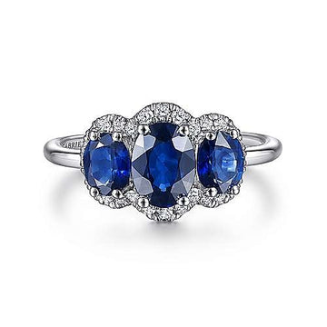 14K White Gold Diamond and Sapphire Oval Halo Three Stone Ring
