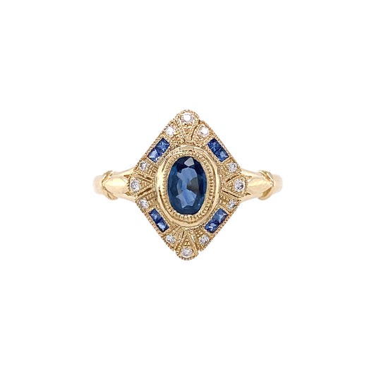14K Yellow Gold Sapphire and Diamond Vintage Inspired Ring