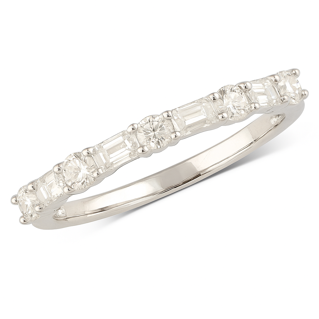 14K White Gold .78ctw Round & Baguette Diamond Band