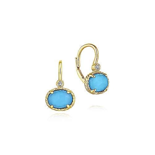 14K Yellow Gold Diamond Rock Crystal and Turquoise Oval Drop Earrings