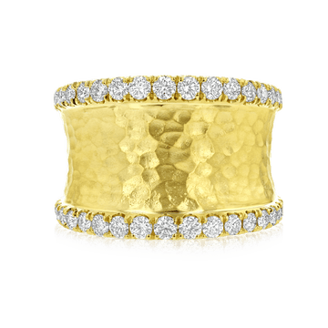 Concave Hammered Gold Ring with Diamond Trim