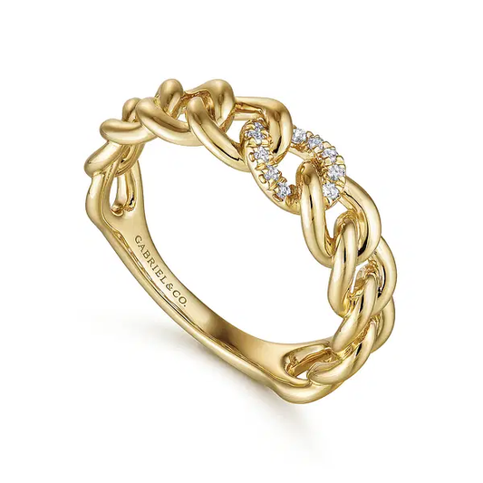 14K Yellow Gold Chain Link Ring Band with Pave Diamond Station