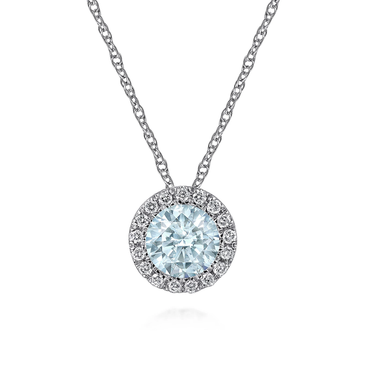 14k White Gold Diamond Halo Aquamarine Pendant Necklace