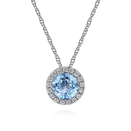 14K White Gold Round Swiss Blue Topaz and Diamond Halo Pendant Necklace