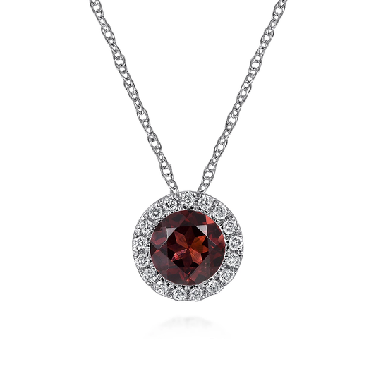 14k White Gold Diamond Halo Garnet Pendant Necklace