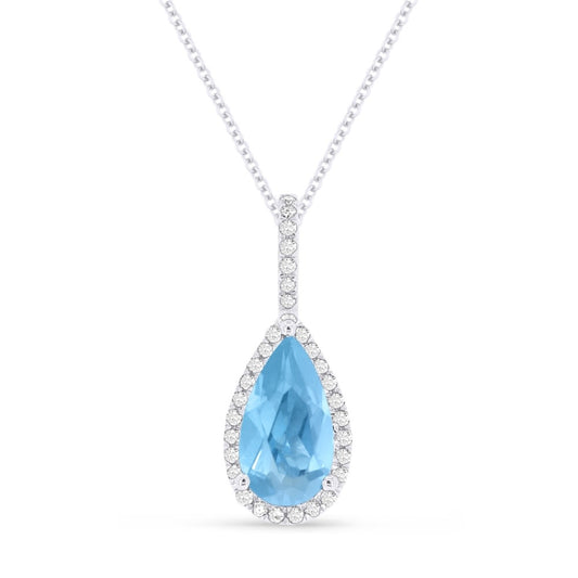 14K White Gold Blue Topaz and Diamond Teardrop Necklace