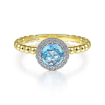 14K Yellow Gold Round Blue Topaz and Diamond Halo Ring