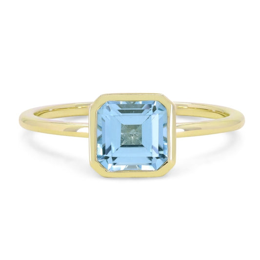 14K Yellow Gold Bezel Set Blue Topaz Birthstone Ring