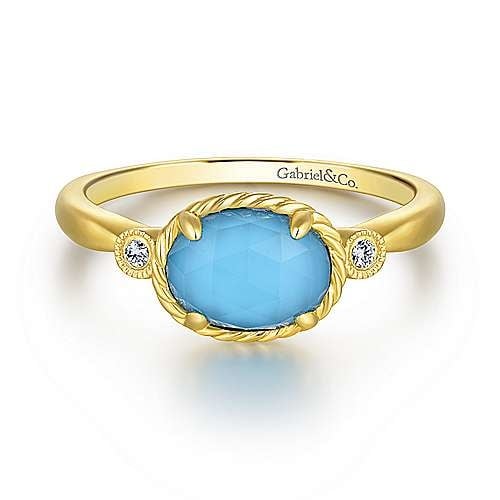 14K Yellow Gold Oval Rock Crystal Turquoise Diamond Ring