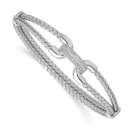 Sterling Silver Rhodium-platated Polished CZ Woven Flexible Cuff