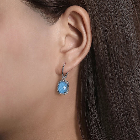 Sterling Silver Rock Crystal Turquoise Long Cushion Drop Earrings