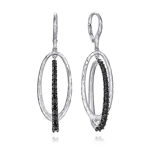 Sterling Silver Hammered Double Oval Black Spinel Drop Earrings