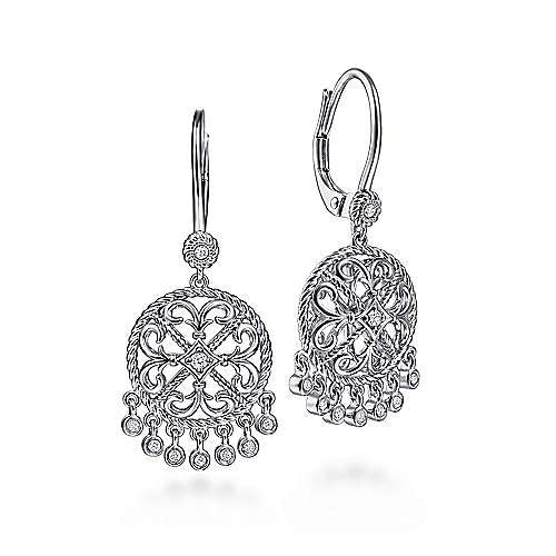 Sterling Silver Round Filigree White Sapphire Earrings with Drops