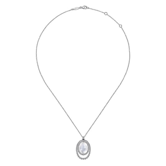 Sterling Silver White Sapphire and Rock Crystal and White Mother of Pearl Pendant Necklace