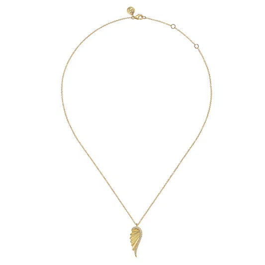 14K Yellow Gold Diamond Cut Wing Shape Pendant Necklace