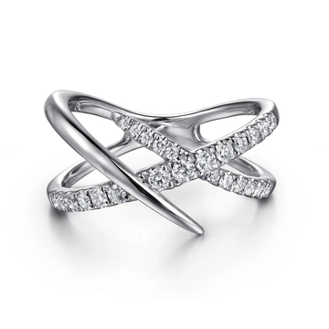 14K White Gold Graduating Diamond Spike Criss Cross Ring