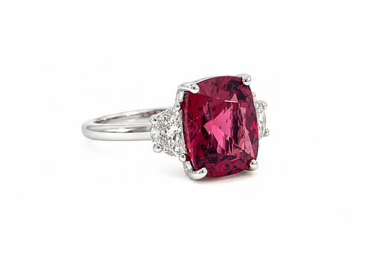 Platinum 4.66ctw Cushion-Cut Pink Tourmaline and Diamond Three Stone Ring