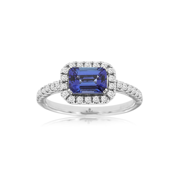14K White Gold East-West 1.15ctw Emerald Tanzanite and Pave Diamond Halo Ring