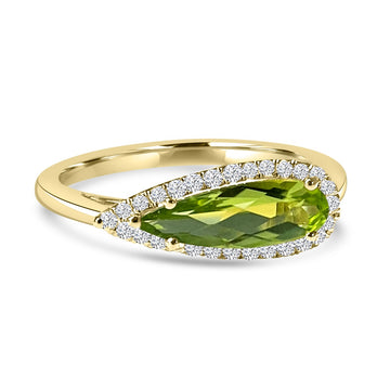 14K Yellow Gold Pear Shaped Peridot Pave Halo Ring