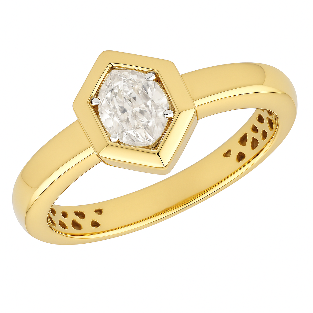 Platinum and 14K Yellow Gold Oval Diamond Hexagonal Ring