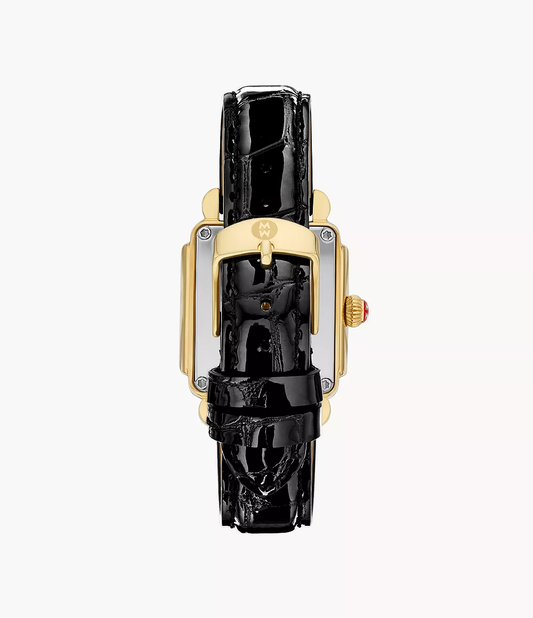 Michele Deco Sport Mid Gold-Plated Noir Leather Watch