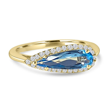 14K Yellow Gold Pear Blue Topaz and Pave Diamond Halo Ring