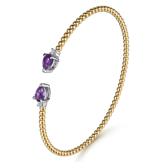 14K White Yellow Gold Bujukan Open Cuff Bracelet with Amethyst and Diamond End Caps