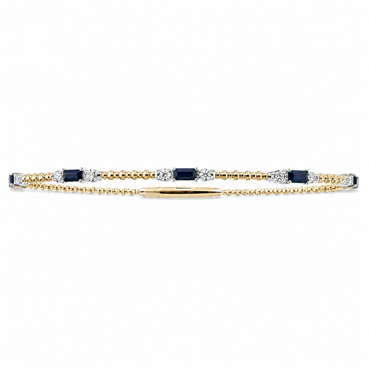 14K Two Tone Sapphire and Pave Diamond 5 Station Beaded Bangle