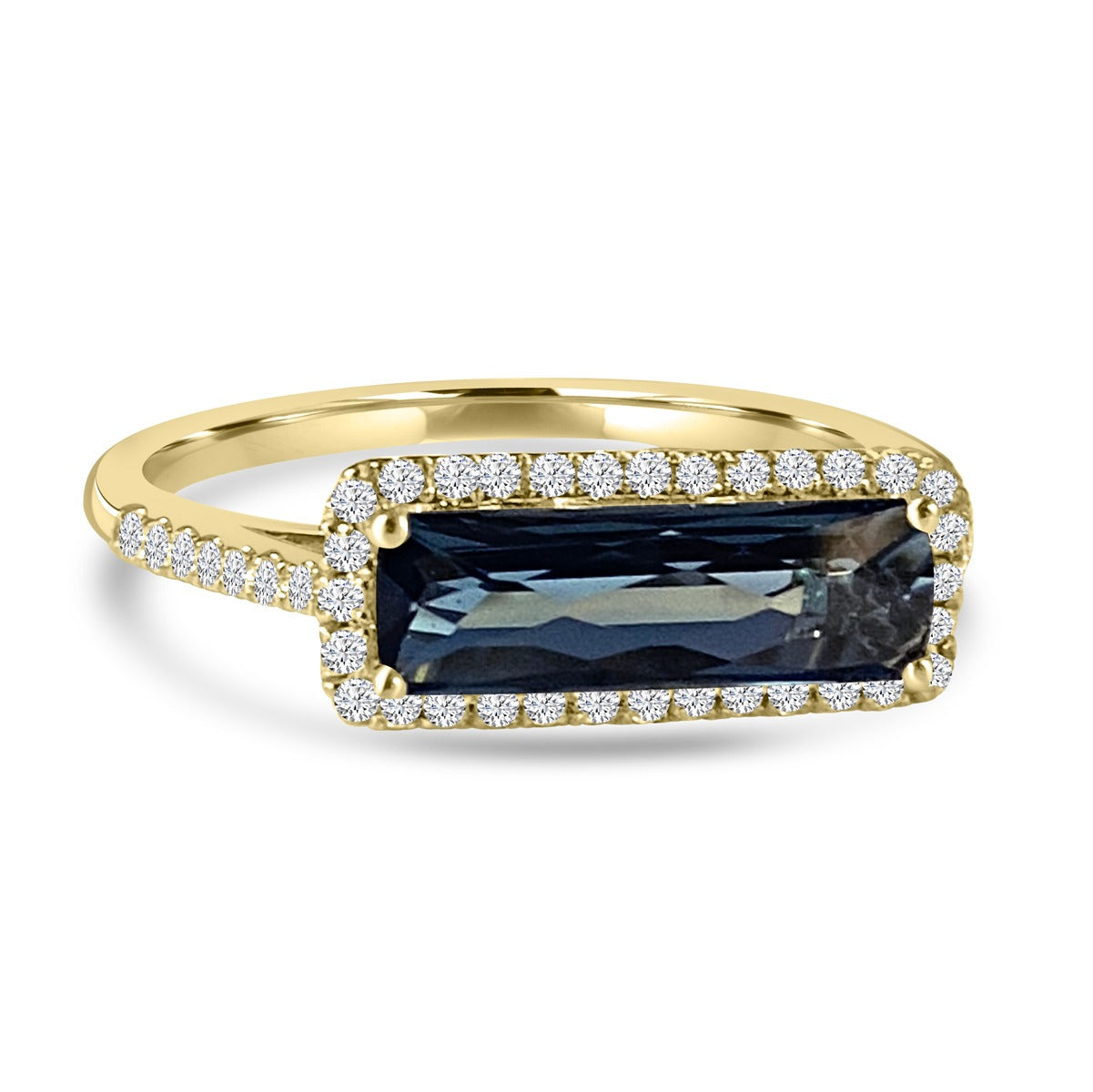 14K Yellow Gold Horizontally Set London Blue Topaz Diamond Halo Ring