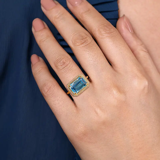 14K Yellow Gold Diamond and Blue Topaz Emerald Cut Ladies Ring With Flower Pattern Gallery