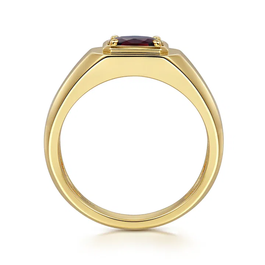 14K Yellow Gold Garnet Mens Ring in High Polish Finish