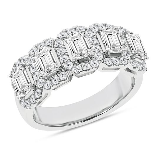 14K White Gold Lab Grown 1.55ctw Emerald Five Stone Diamond Halo Band