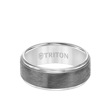 Men's 8mm Gunmetal Tungsten Carbide Wedding Band with Crystalline Center and Step Edge