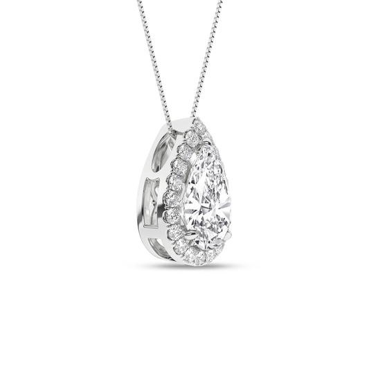 14K White Gold Lab Grown 1.15CTW Pear Halo Necklace
