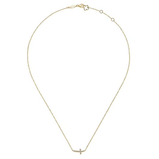 14K Yellow Gold Sideways Curved Diamond Cross Necklace