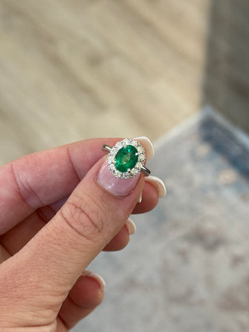 18K White Gold Oval Emerald and Diamond Halo Ring