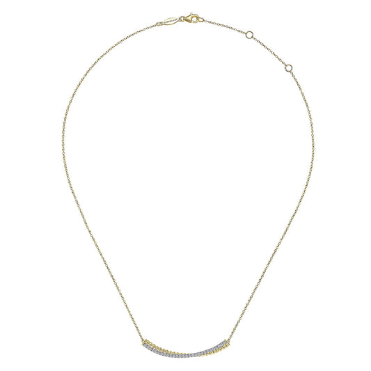 14K Yellow-White Gold Bujukan Bead and Diamond Pave Curved Bar Necklace