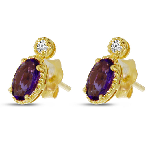 14K Yellow Gold Amethyst and Diamond Stud Earrings