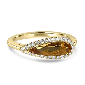 14K Yellow Gold Pear Citrine and Pave Diamond Halo Ring