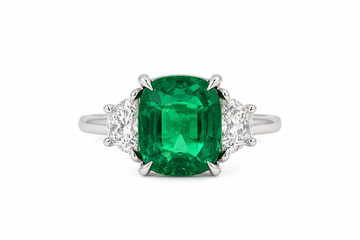 Platinum 2.87ct Cushion Cut Emerald and Diamond Three-Stone Ring